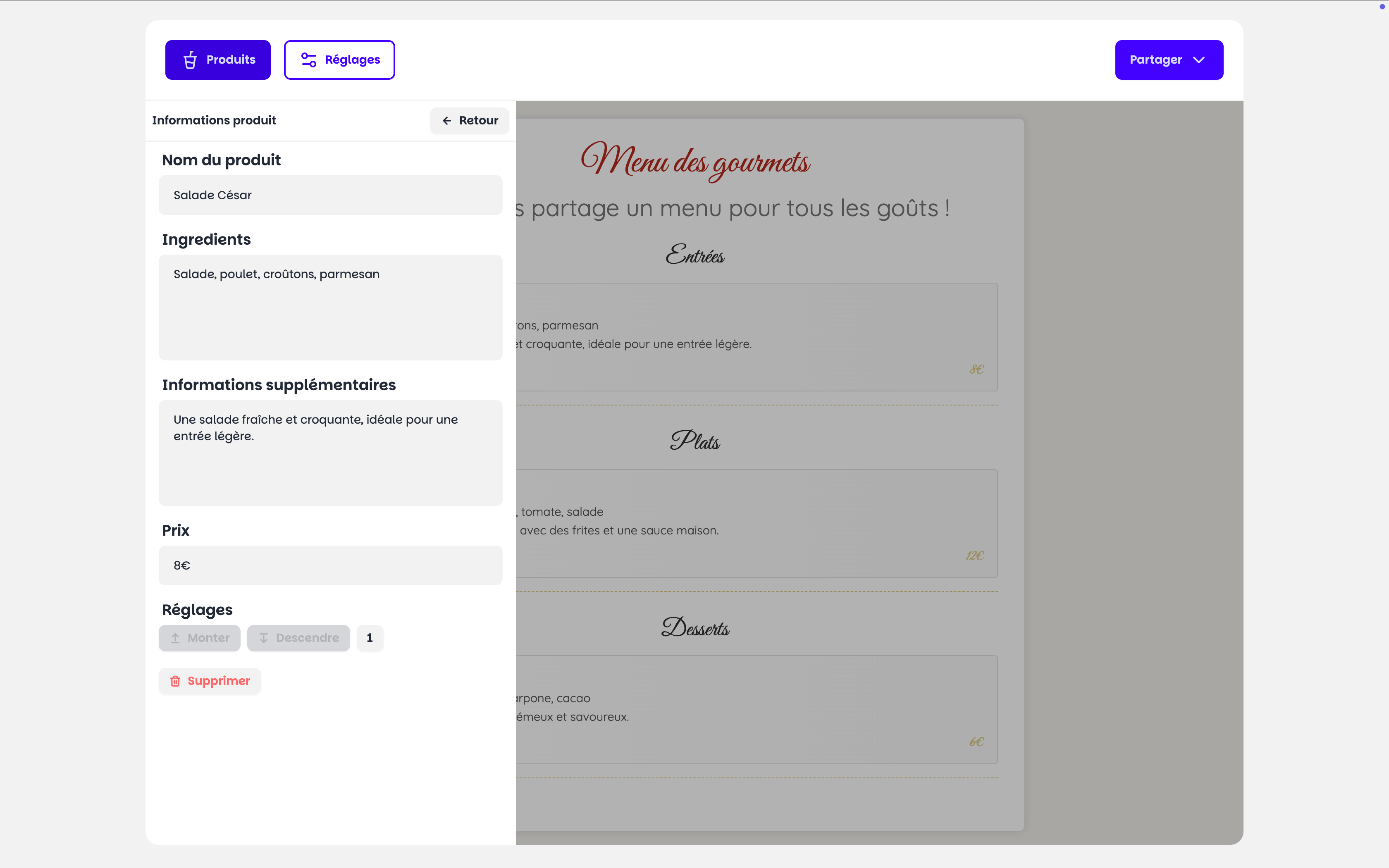 Monmenu — Édition d’un produit