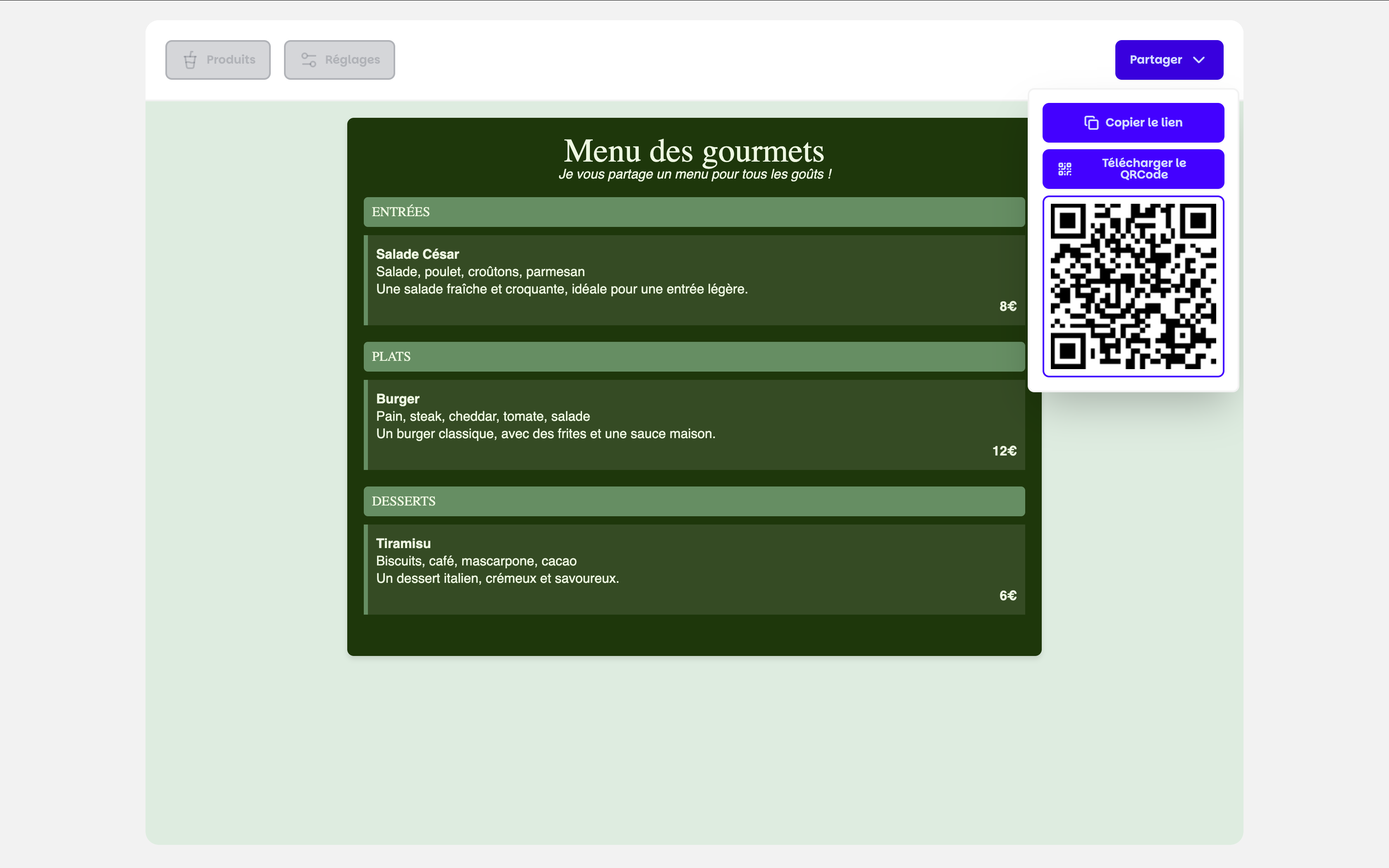 Monmenu — Partage QR